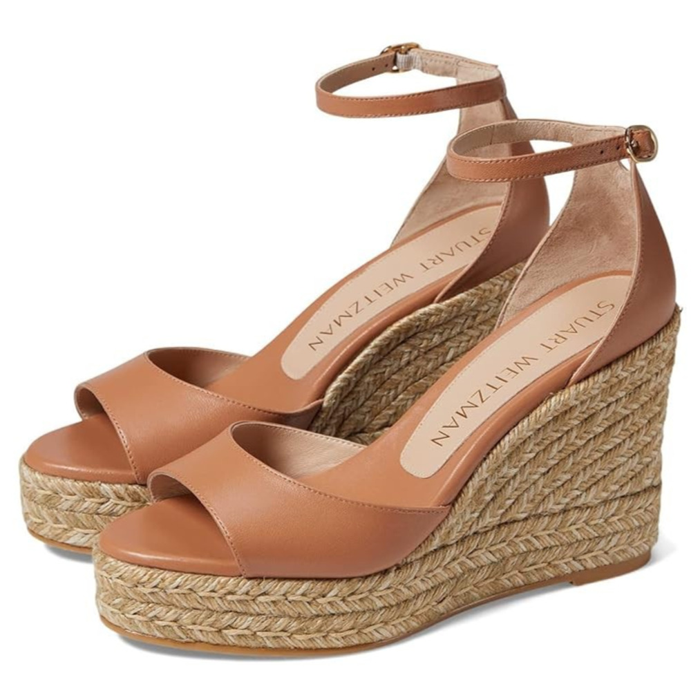 Stuart Weitzman Espadrilles Nudistcurve Wedge Sandals Beige Leather Shoes 8.5 B